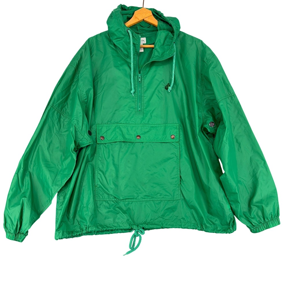 Izod Vintage Men XL Green Nylon Anorak Windbreaker Half Zip Hooded Jacket Pocket